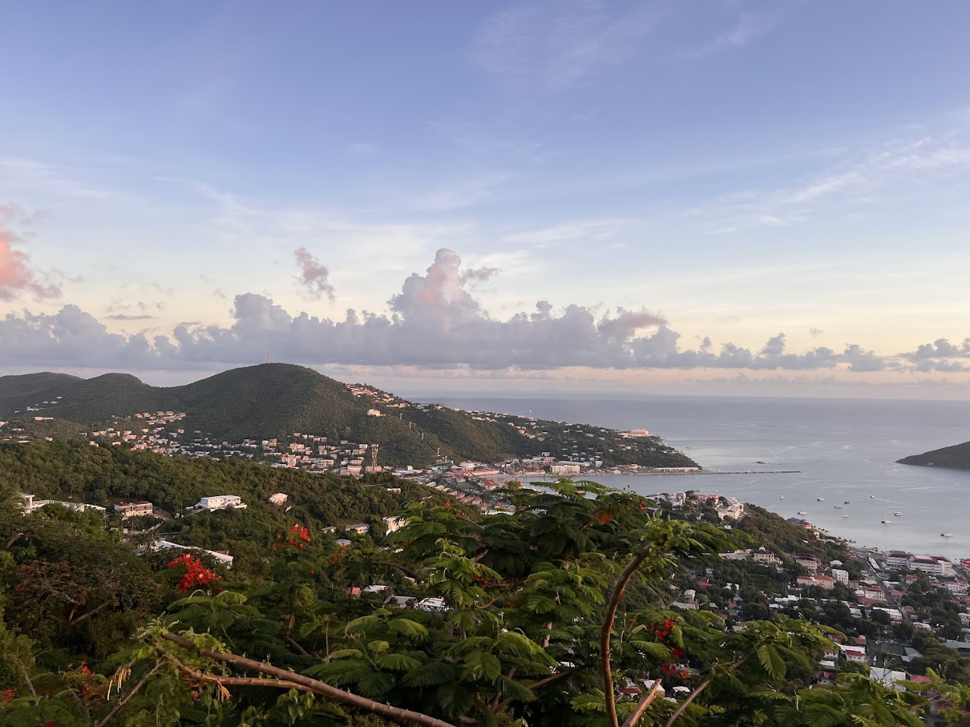 Aerial view of St. Thomas coastline at sunset