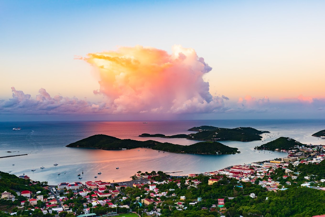 Aerial sunset view of Charlotte Amalie harbor, St. Thomas